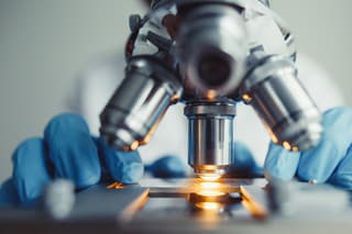 Close up of examining of test sample under the microscope in laboratory.