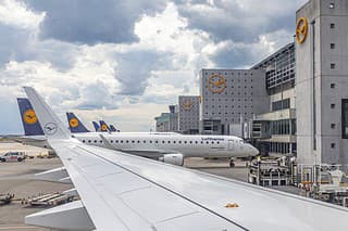 Frankfurt, Germany - June 8, 2020: Lufthansa aircraft at ground ready for boarding during the reduced traffic situation due to corona at Frankfurt Airport.