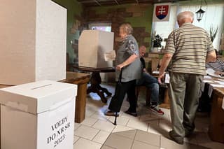 Na snímke obyvatelia prešovskej mestskej časti Šalgovík počas hlasovania vo volebnej miestnosti, ktorá je zriadená v krčme.