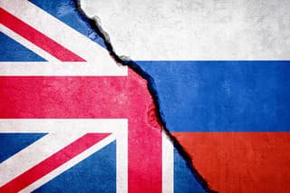 UK and Russia conflict. Country flags on broken wall. Illustration.