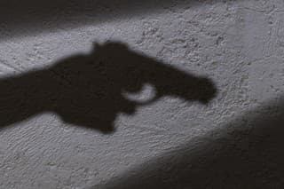 A shadow of a hand holding a gun in his hand.