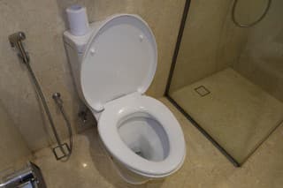 White toilet bowl near brown wall in modern bathroom interior