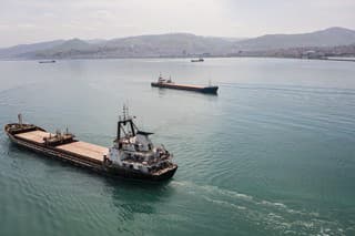 Aerial view of cargo ship in transit.