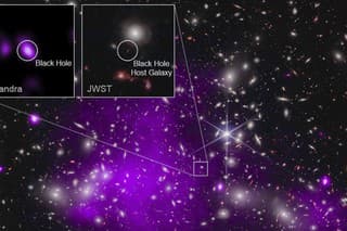 Anotovaný obrázok, ktorý poskytla NASA v pondelok 6. novembra 2023, ukazuje pohľad na údaje z röntgenového observatória NASA Chandra a vesmírneho teleskopu Jamesa Webba, ktoré naznačujú čiernu dieru sformovanú len 470 miliónov rokov po Veľkom tresku.