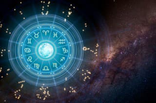 Zodiac signs inside of horoscope circle. Astrology in the sky with many stars and moons astrology and horoscopes concept.