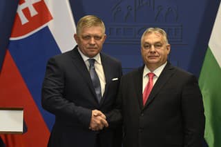 Slovenský premiér Robert Fico (vľavo) a maďarský premiér Viktor Orbán (vpravo) pózujú počas spoločnej tlačovej konferencie v Budapešti v utorok 16. januára 2024. 