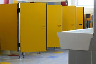 nursery bathrooms with yellow doors of cabins and sink