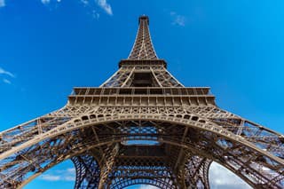 Ultra wide angle of Eiffel Tower over blue sky in Paris, France. Bottom-up view