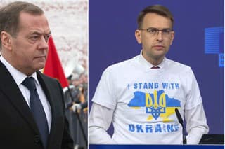 Bývalý ruský prezident Dmitrij Medvedev a hovorca Európskej komisie Peter Stano.