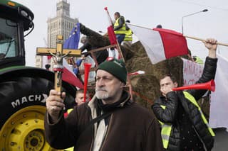 Poľský farmár drží kríž počas protestu proti poľnohospodárskej politike Európskej únie a dovozu lacných výrobkov z Ukrajiny vo Varšave 
