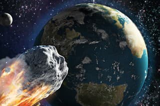 Burning asteroid moving through the Earth. Digital illustration.