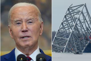 Americký prezident Joe Biden a pohľad na zrútený most Key Bridge. 