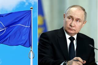Vlajka NATO a ruský prezident Vladimir Putin. 