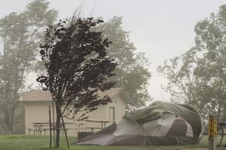 high winds in a dust storm at a campground destroying a tent