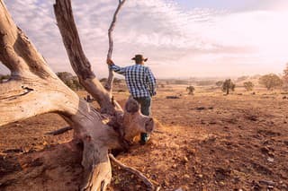 Senior farmer looking over the drought stricken land, during summer and fire season.
