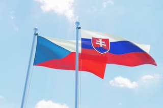 Czech Republic and Slovakia, two flags waving against blue sky. 3d image