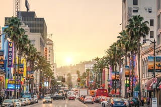 Los Angeles, United States - December 18, 2013: View of Hollywood Boulevard at sunset. In 1958, the Walk of Fame was created on this street as a tribute to artists working in the entertainment industry.