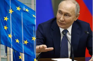 Vlajka Európskej únie a ruský prezident Vladimir Putin.