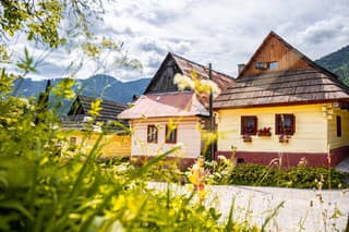 Colorful old wooden houses in Vlkolinec. Unesco heritage. Mountain village with a folk architecture. Vlkolinec, ruzomberok, liptov, slovakia.