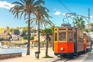 The famous orange tram runs from Soller to Port de Soller, Mallorca, Spain.