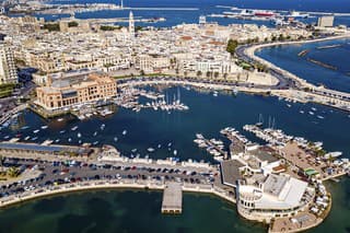 Aerial view of downtown Bari with old town and port area, Puglia, Italy