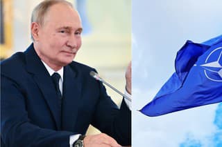 Ruský prezident Vladimir Putin a vlajka NATO.