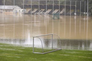  Na snímke je zaplavené futbalové ihrisko v Stupave.