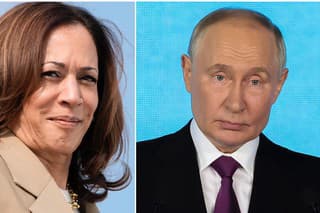 Na snímke Kamala Harris a Vladimir Putin.