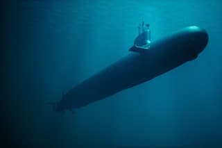 3D rendering of a nuclear submarine moving underwater.