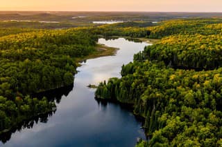 Lake in warm morning light from an aerial view