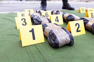 Police officer standing guard over seized packages of drug