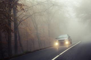 Autumnal road through forest - fog. Oncoming unrecognisable car ahead. Some minor motion blur, image has been taken during driving