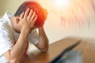 Brain diseases problem cause chronic severe headache migraine. Male adult look tired and stressed out depressed, having mental problem trouble, medical concept