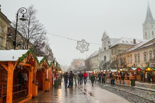 Holiday cityscape - view of the Christmas Market in the center of Kosice, Slovakia, December, 2017