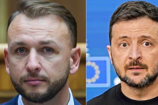 Minister vnútra SR Matúš Šutaj Eštok (vľavo) a ukrajinský prezident Volodymyr Zelenskyj  