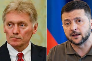 Hovorca Kremľa Dmitrij Peskov (vľavo) a ukrajinský prezodent Volodymyr Zelenskyj. 