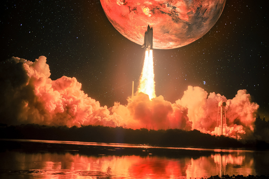 Lighting up the night sky, as well as the water nearby, spacship blazes into the Mars mission. Huge red Mars is on the night sky surrounding by galaxy. Elements of this image furnished by NASA.