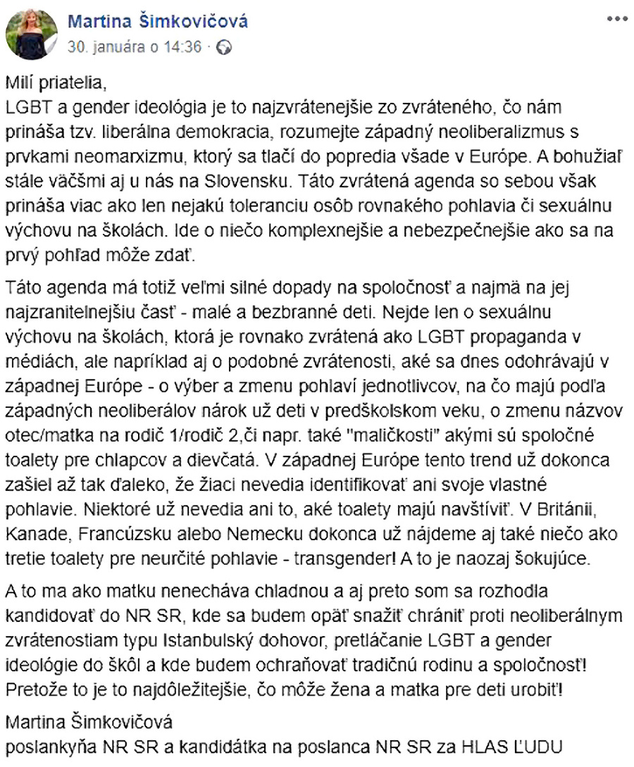 Šimkovičová sa na sociálnej