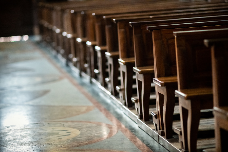 Church indoors, benches