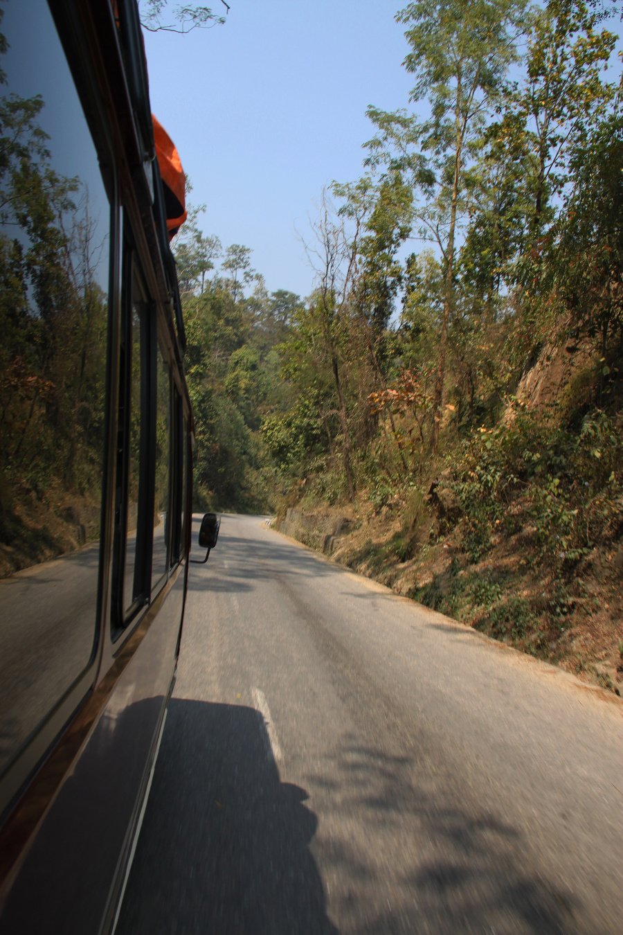 A bus driving along