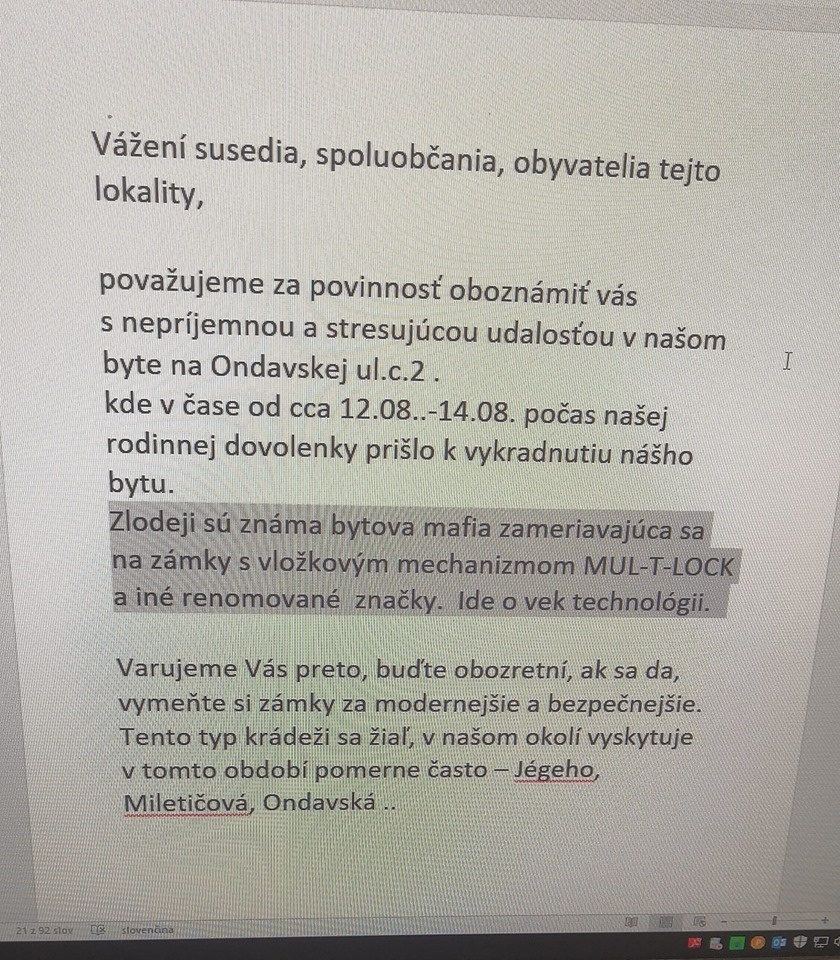 Varovanie pred krádežami sa ocitlo na FB aj od iných ľudí. 