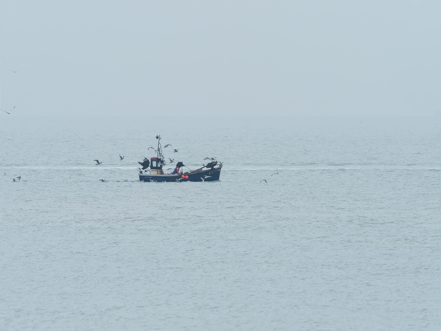 Fishing boat during misty