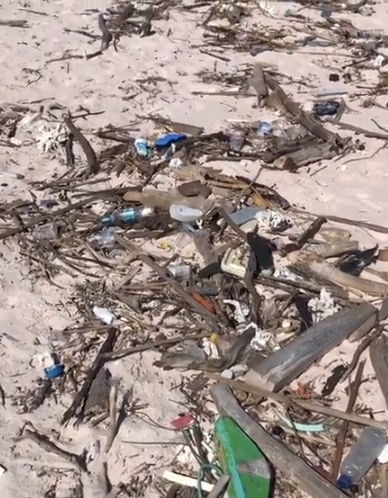Pláž je zamorená odpadom.