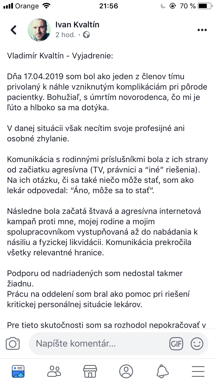 Primár Ivan Kvaltín oznámil