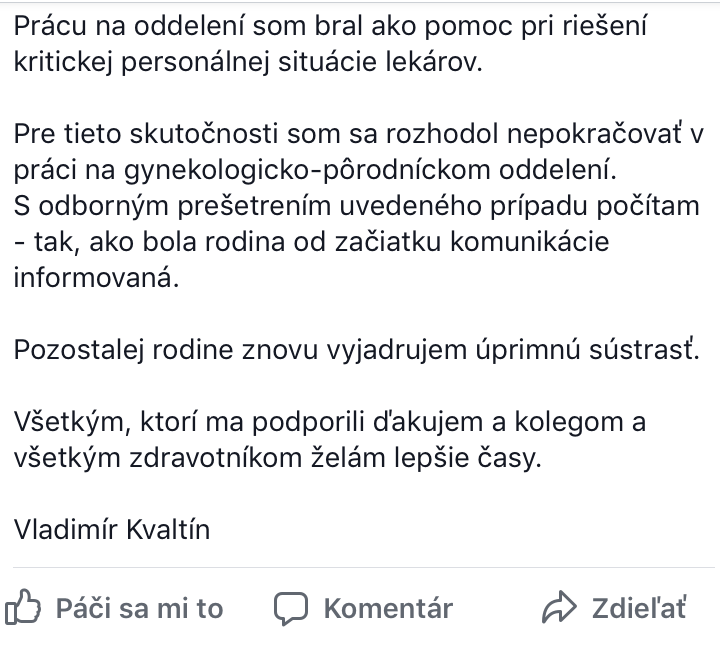 Primár Ivan Kvaltín oznámil