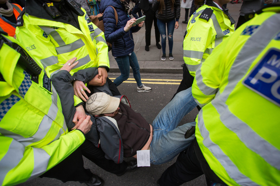 Zatýkanie demonštrantov v Londýne.
