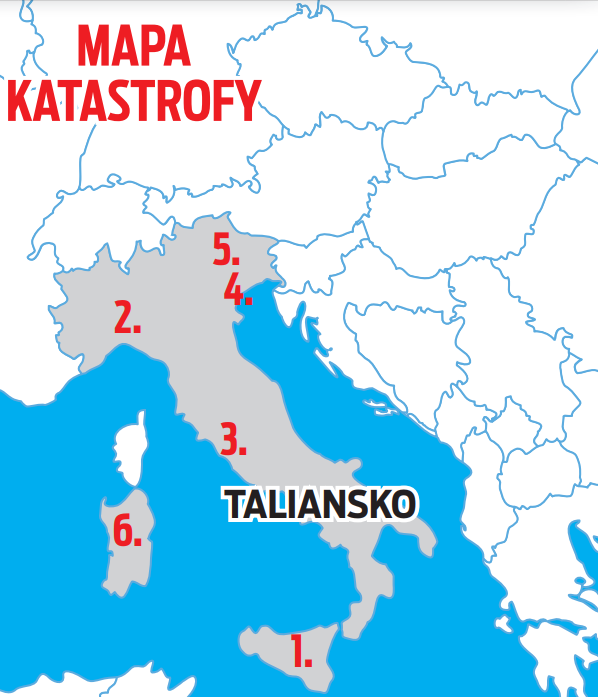 Mapa katastrofy v Taliansku.