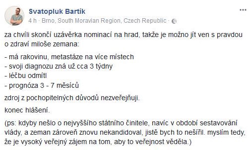 Bartík zverejnil šokujúci status