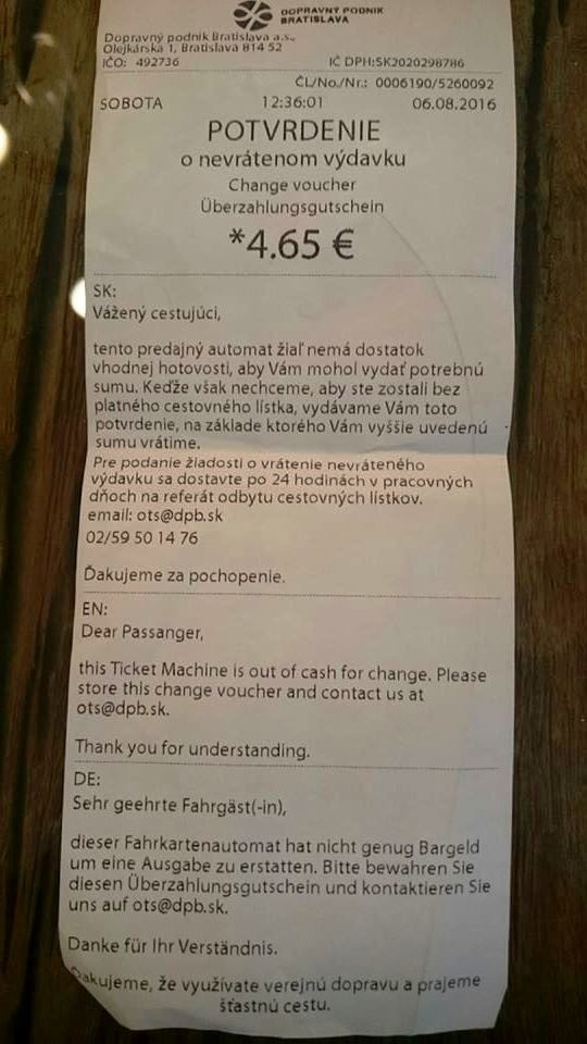Toto potvrdenie vyšlo z automatu namiesto očakávaného výdavku.