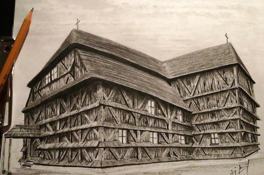 Kresba: Drevený artikulárny kostol